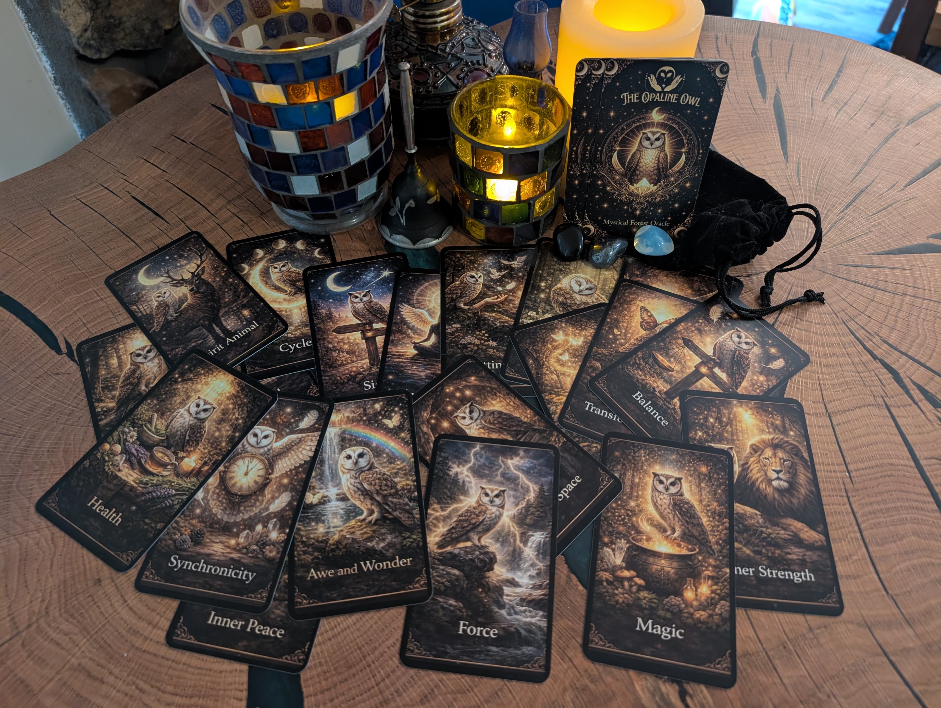 The Opaline Owl Mystical Forest Oracle cards spread on a wooden table with candles and crystals
